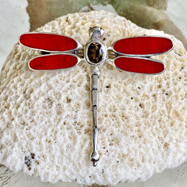 PD 10995 B-CR-SM-(HANDMADE 925 BALI SILVER DRAGONFLY PENDANT WITH SMOKEY AND CORAL)